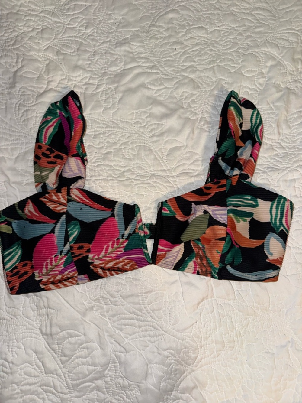 Time and Tru Black Tropical Print bikini top